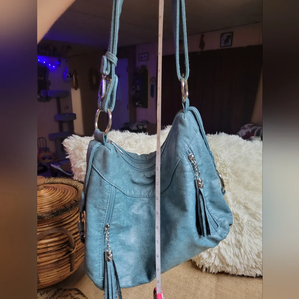 Greyish blue faux leather shoulder bag with silver tone hardware